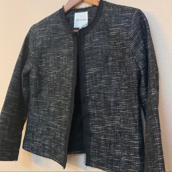Avec Les Filles Black Tweed Open Front Blazer - Picture 3 of 9